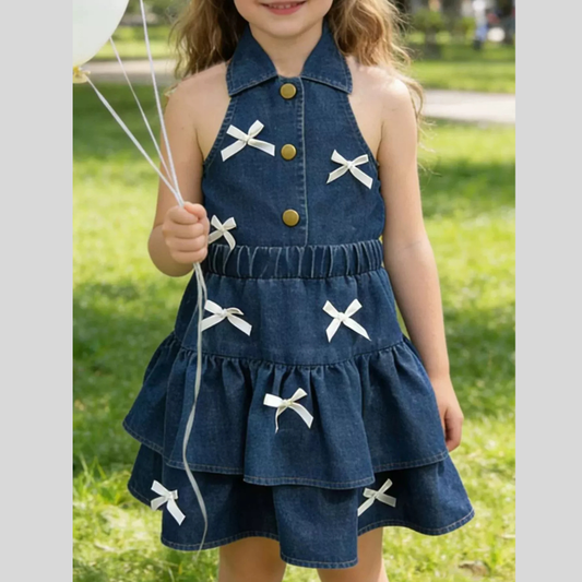 Children's Button UP Vest and Skirt Denim Set