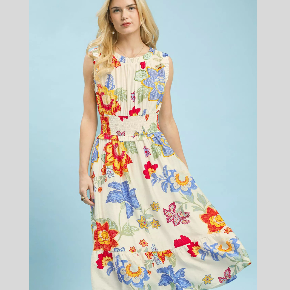 Umgee Floral Smocked Midi Dress