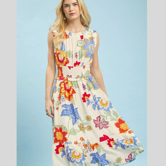 Umgee Floral Smocked Midi Dress