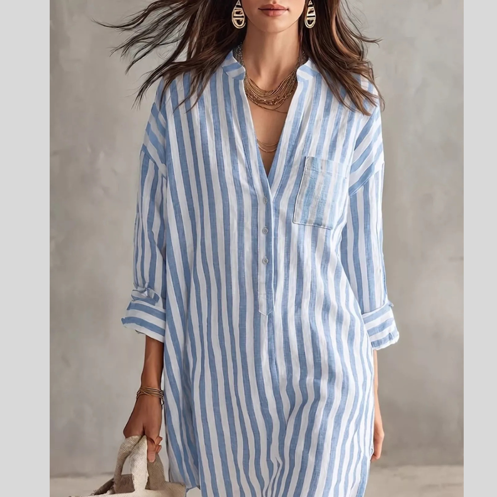 Full Size Striped Linen Shirt Mini Dress Plus Size