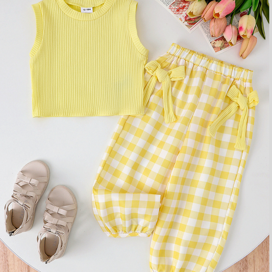 Children's Ribbed Tank Top and Plaid Pants Set with Bows