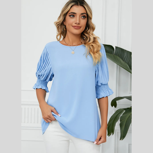 Frill Round Neck Lantern Sleeve T-Shirt