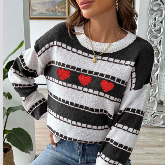 Heart Round Neck Long Sleeve Sweater