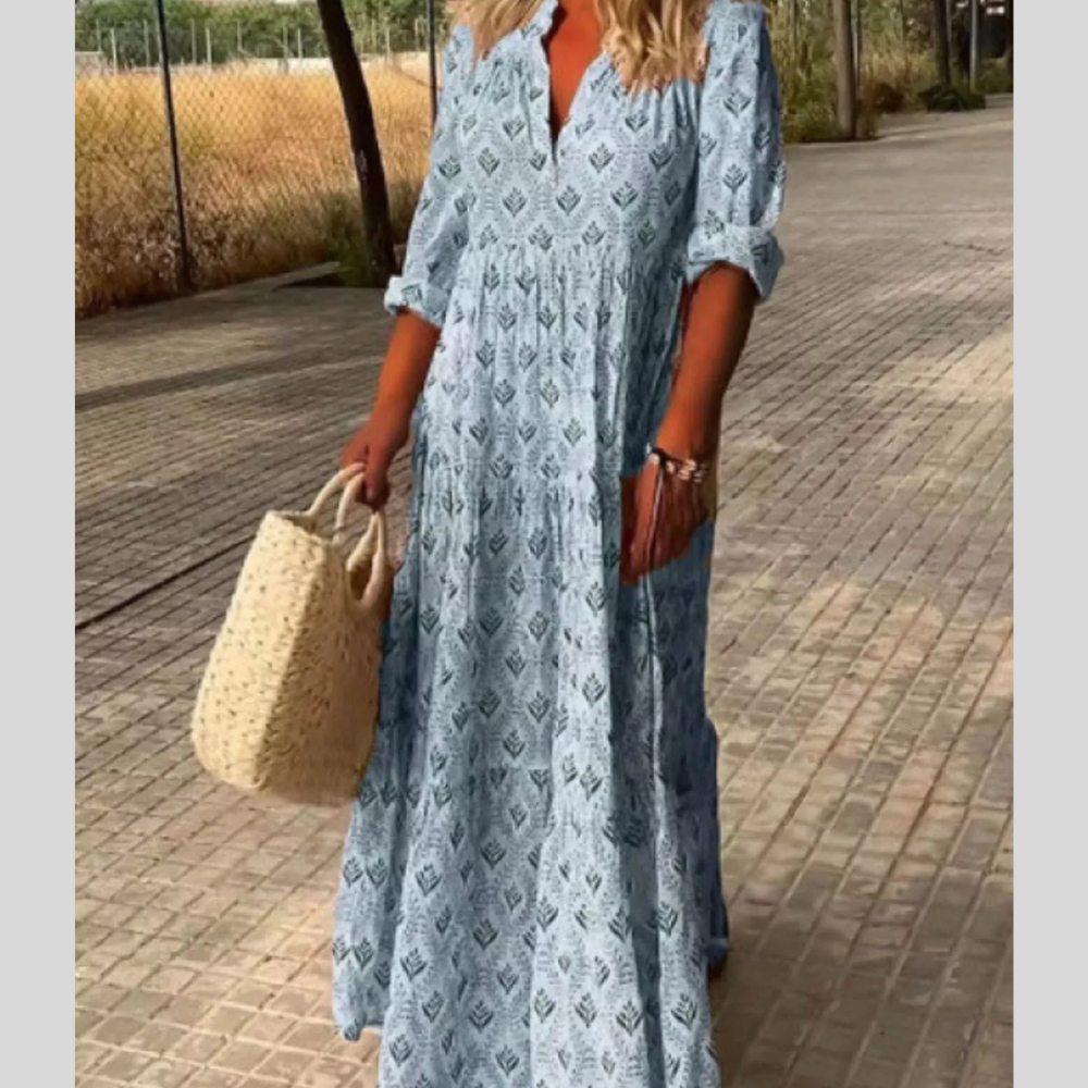 Full Size Printed Notched Tiered Maxi Dress Plus Size