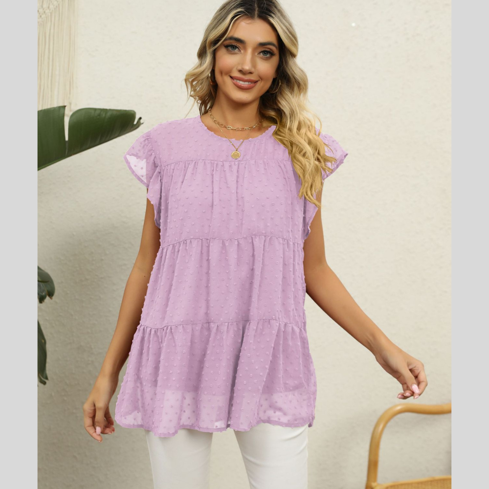 Swiss Dot Round Neck Tiered Blouse