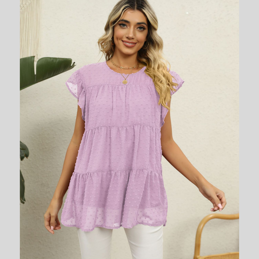 Swiss Dot Round Neck Tiered Blouse