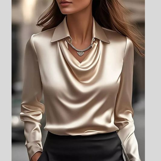 Ruched Long Sleeve Drape Collar Blouse