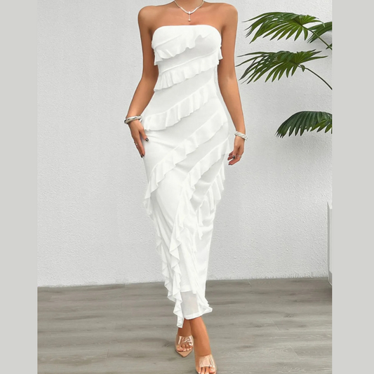 Devine Ruffled Slit Back Tube Maxi Dress
