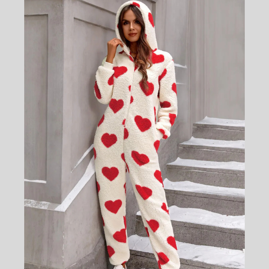 Fuzzy Heart Zip Up Hooded Lounge Jumpsuit