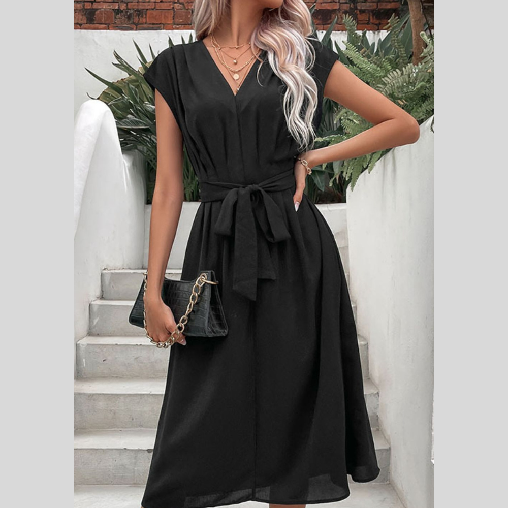 Perfee Tie Belt V-Neck Pleated Dress