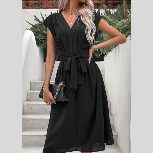 Perfee Tie Belt V-Neck Pleated Dress