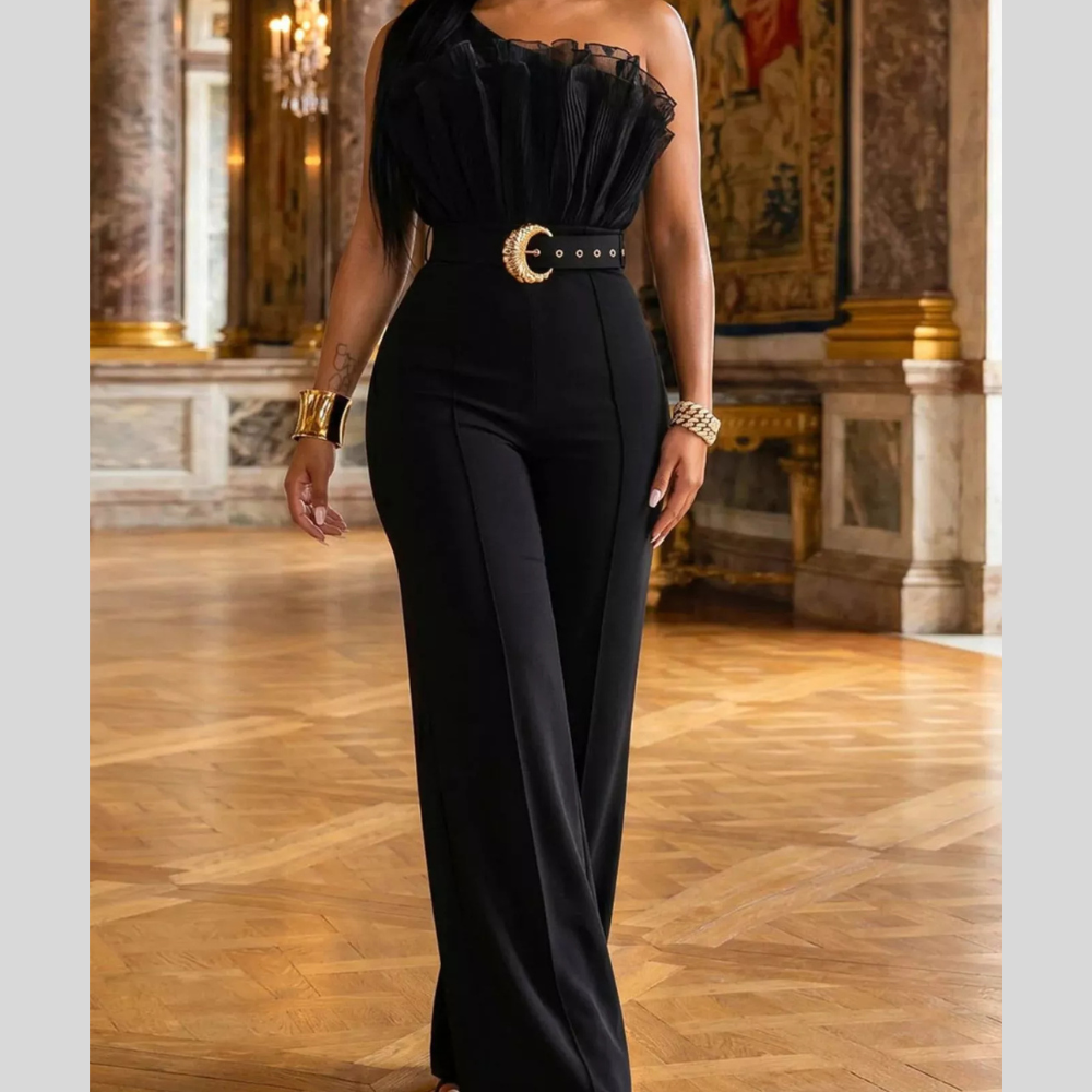One-Shoulder Ruffled Wide-Leg Jumpsuit