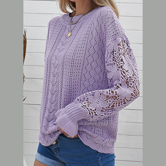 Openwork Round Neck Long Sleeve Sweater