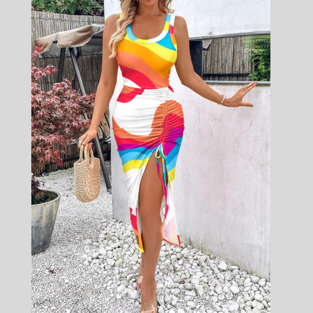 Ruched Slit Sleeveless Midi Dress