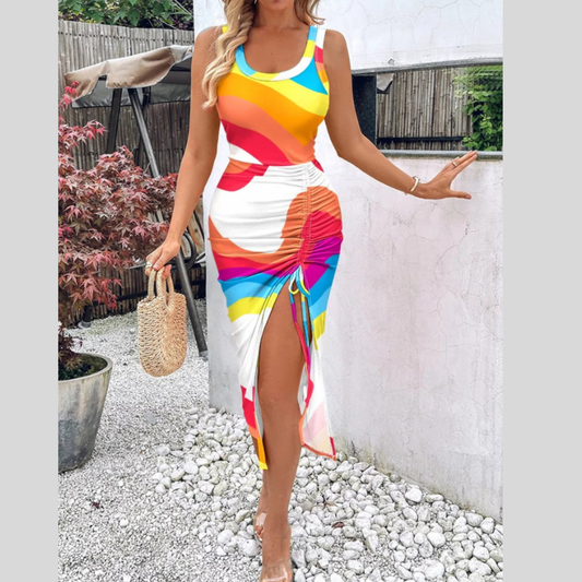 Ruched Slit Sleeveless Midi Dress