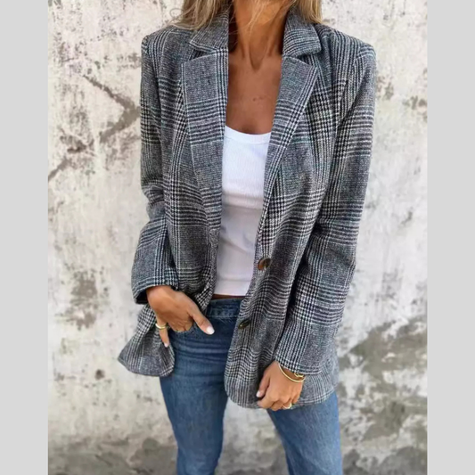 Full Size Plaid Single-Breasted Long Sleeve Blazer Plus Size