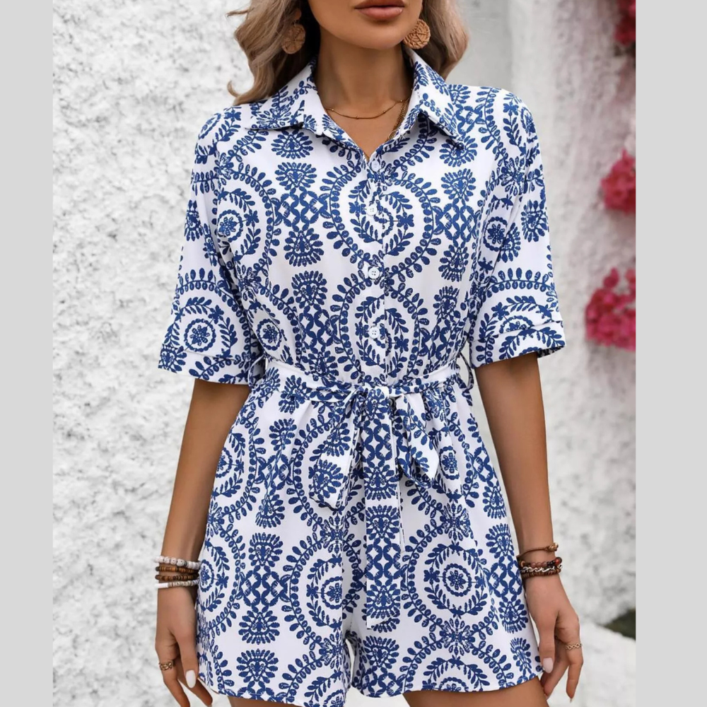 Printed Tie Waist Button Front Romper