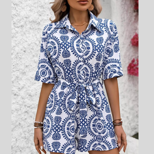 Printed Tie Waist Button Front Romper
