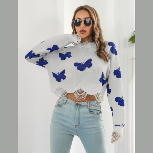 Distressed Butterfly Cropped Sweater