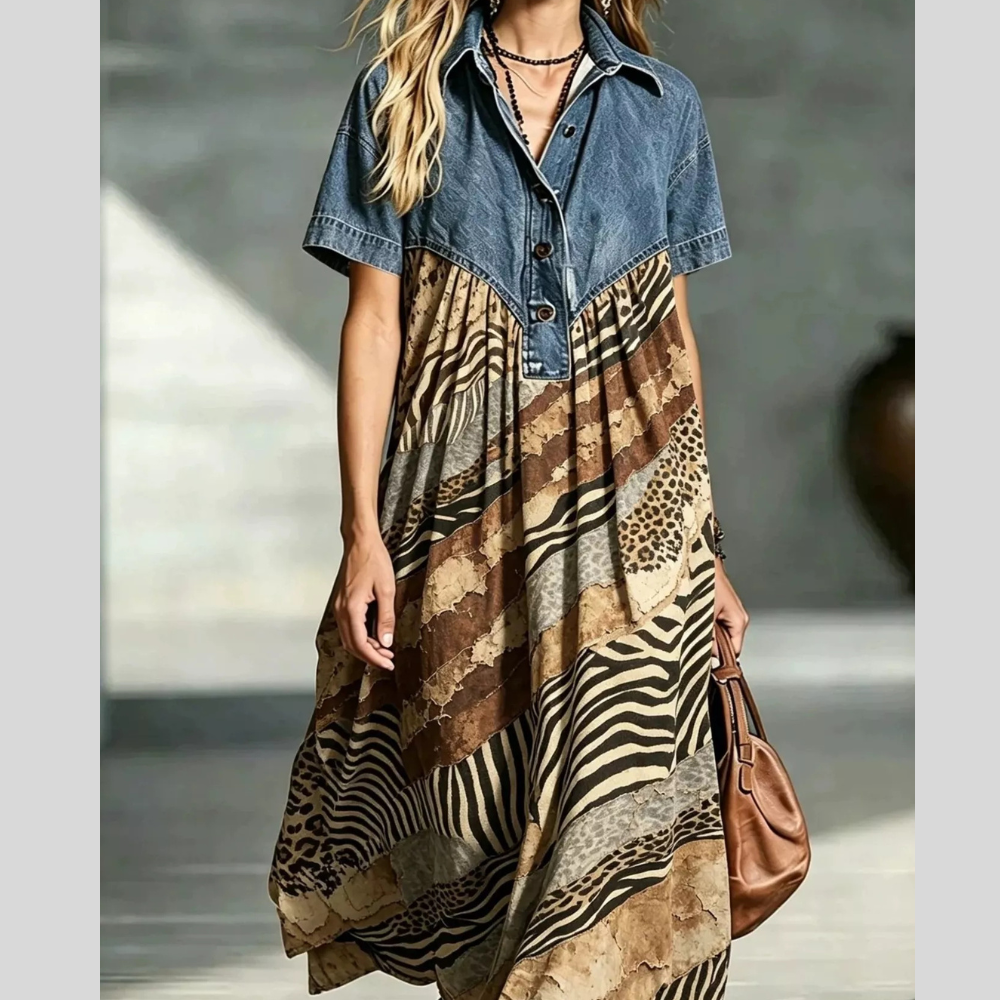 Full Size Denim Patchwork Printed Shirt Dress Plus Size