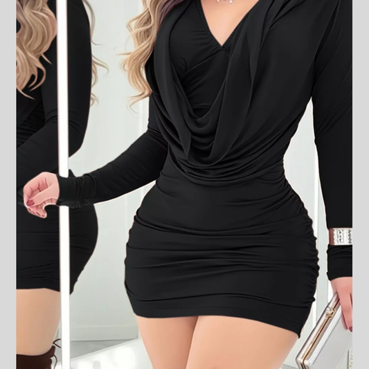 Ruched Cowl Neck Long Sleeve Mini Dress