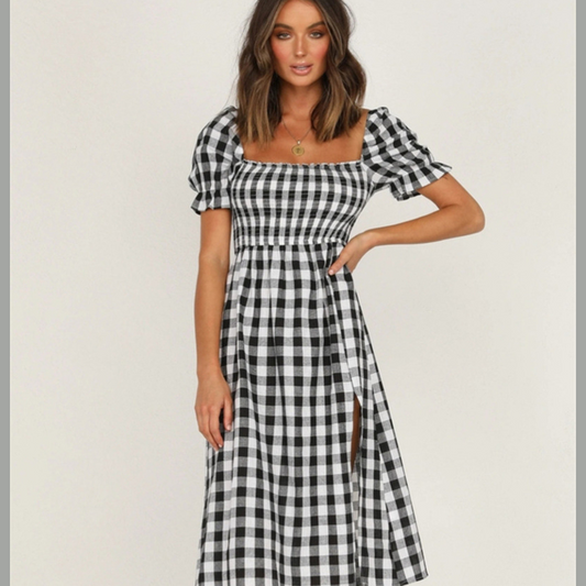Full Size Slit Plaid Short Sleeve Midi Dress
