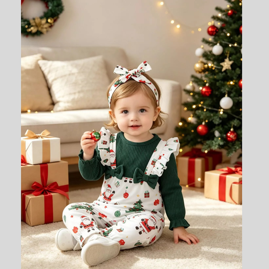 Children's Christmas Santa Print Ruffle Trim Jumpsuit Set with Headband