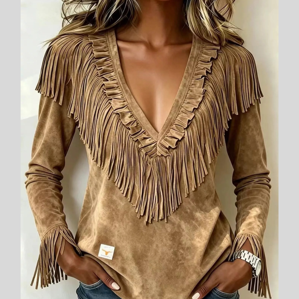 Fringed V-Neck Blouse