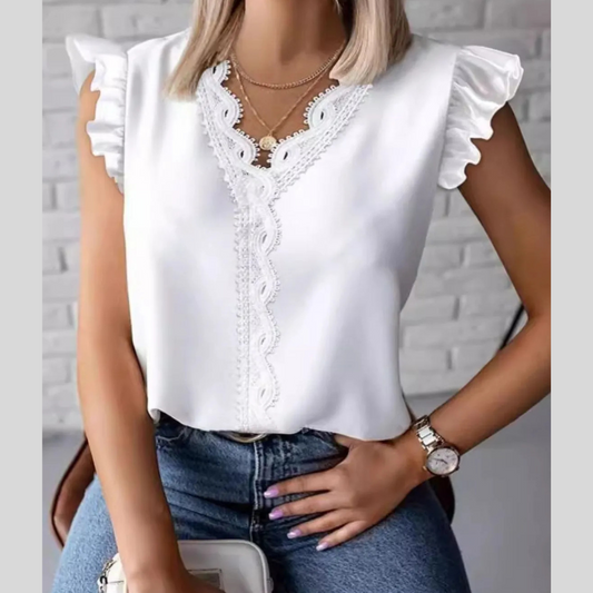 Lace Detail V-Neck Cap Sleeve Blouse