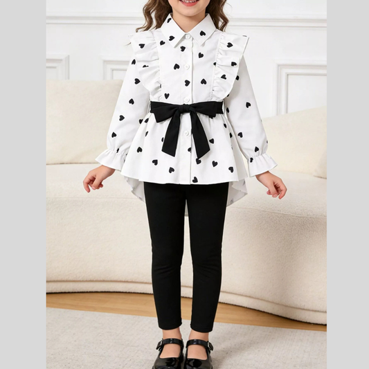 Children's Heart Print Ruffle Trim Shirt & Pants Set with Tie