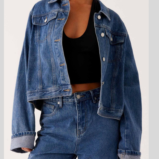 Button Down Cropped Oversized Denim Jacket