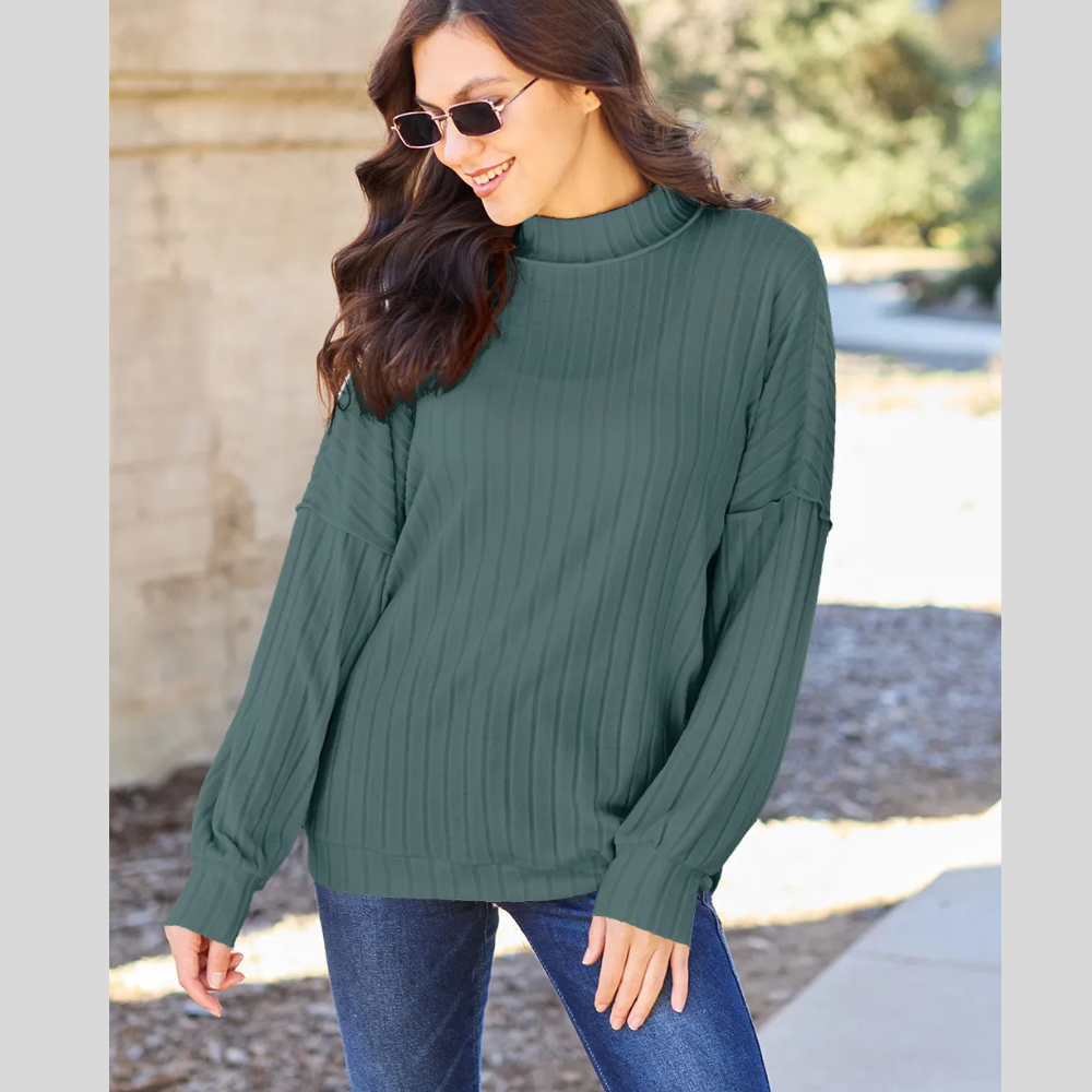 Basic Bae Full Size Ribbed Exposed Seam Mock Neck Knit Top