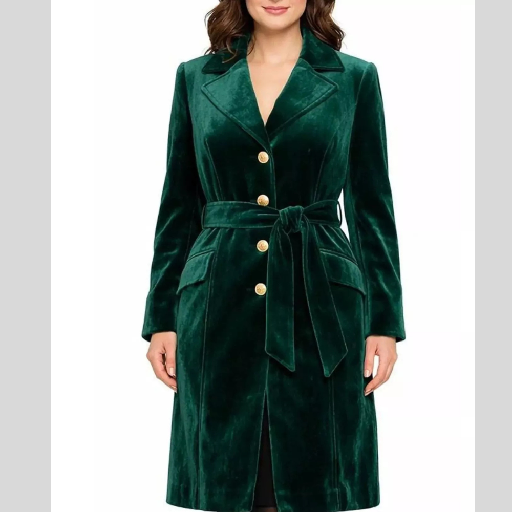Single-Breasted Velvet Trench Coat with Gold Buttons