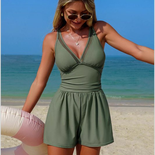 V-Neck One-Piece Swimsuit with Pockets