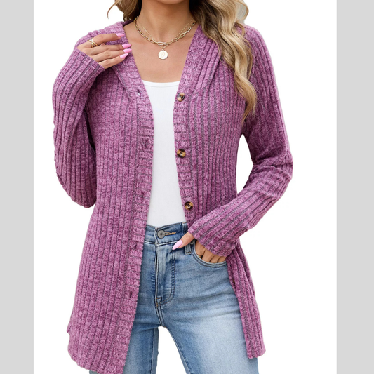Ribbed Knit Hooded Button-Down Cardigan