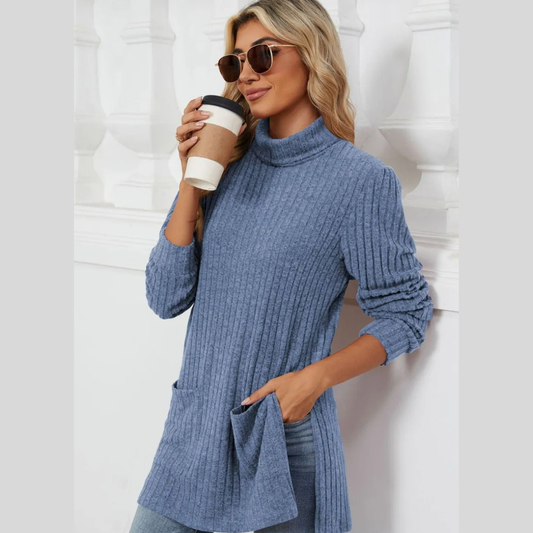 Slit Mock Neck Long Sleeve T-Shirt