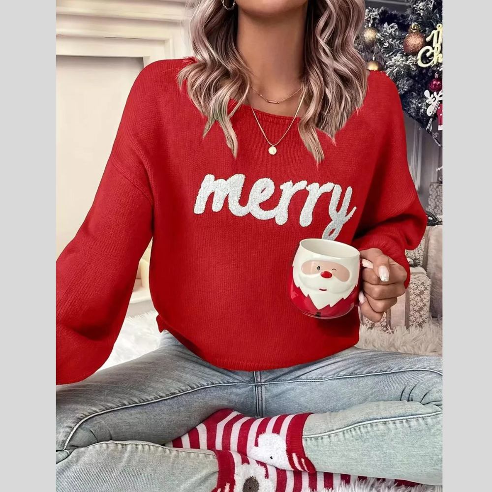 Merry Round Neck Dropped Shoulder Christmas Sweater