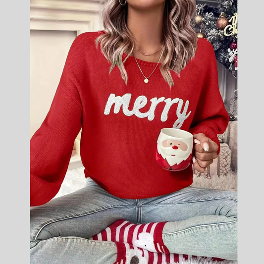 Merry Round Neck Dropped Shoulder Christmas Sweater