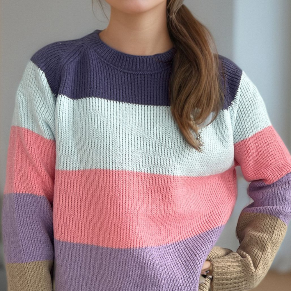 Color Block Round Neck Long Sleeve Sweater