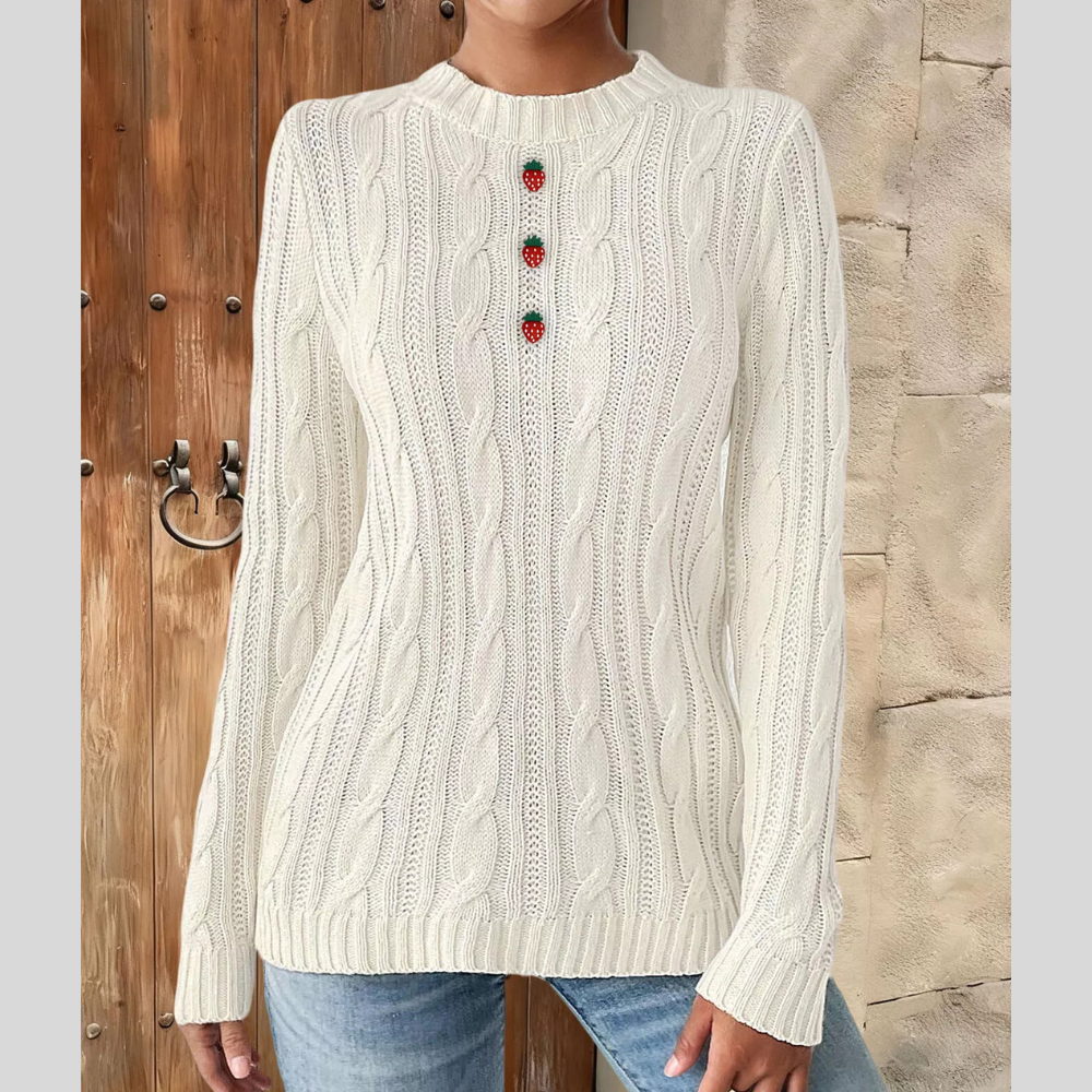 Strawberry Embellished Cable Knit Round Neck Sweater