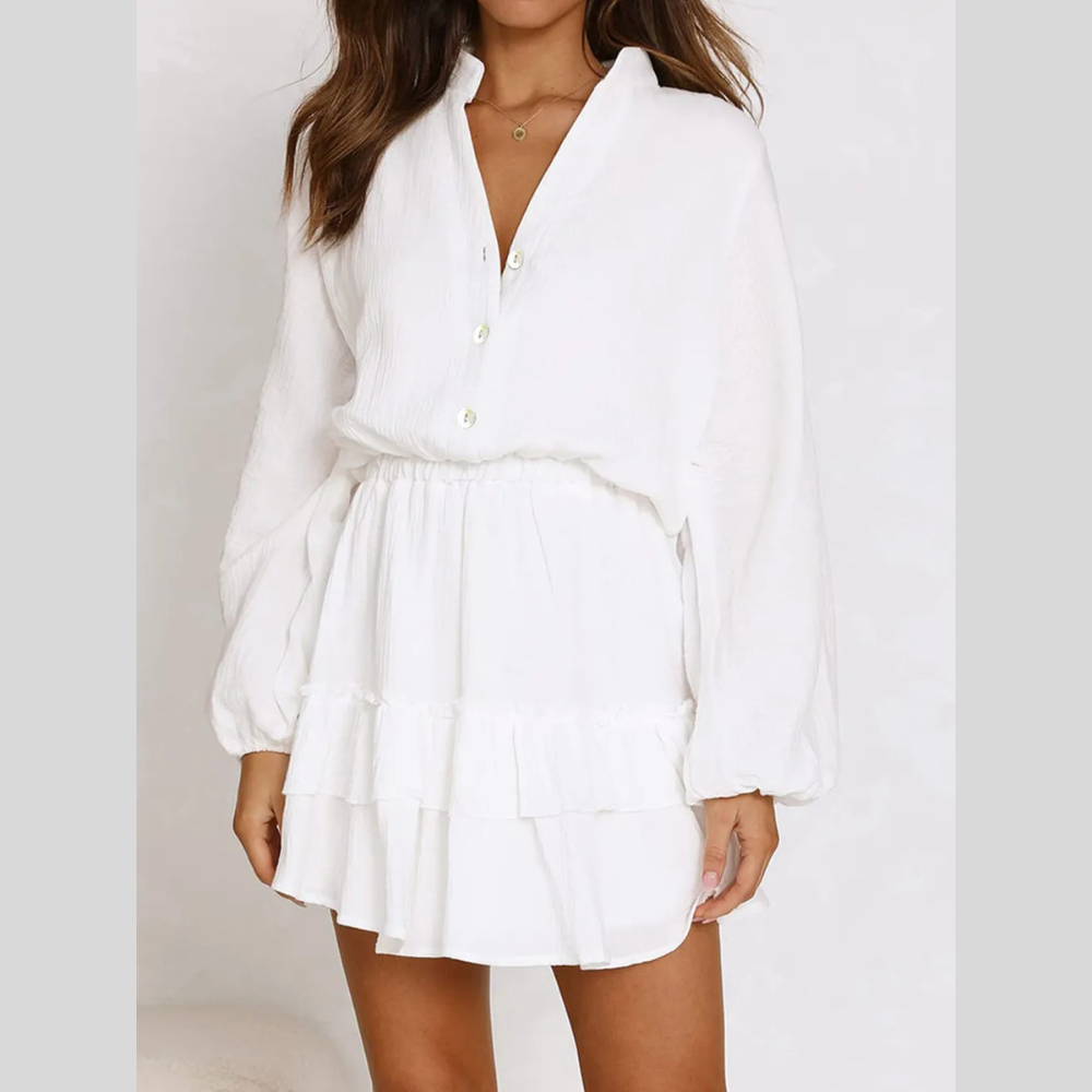 Ruffled Notched Balloon Sleeve Mini Dress