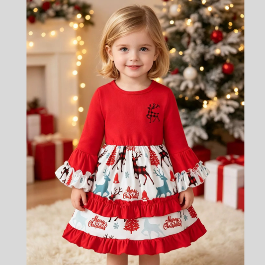 Children's Christmas Reindeer Print Ruffle Hem Long Sleeve Dress