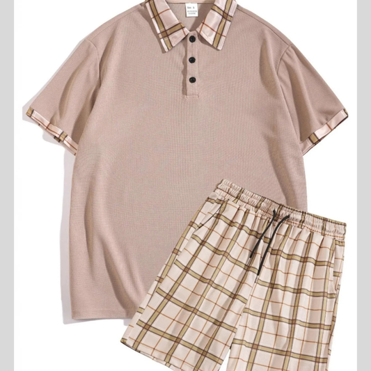 Men's Full Size Classic Plaid Collar Polo and Shorts Set Plus Size