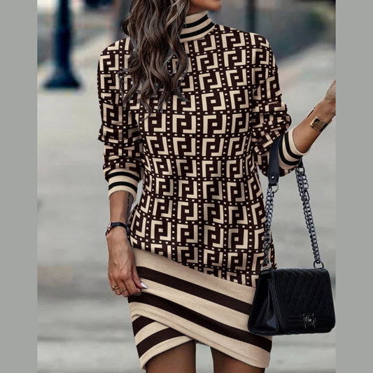 Printed Turtleneck Long Sleeve Mini Dress