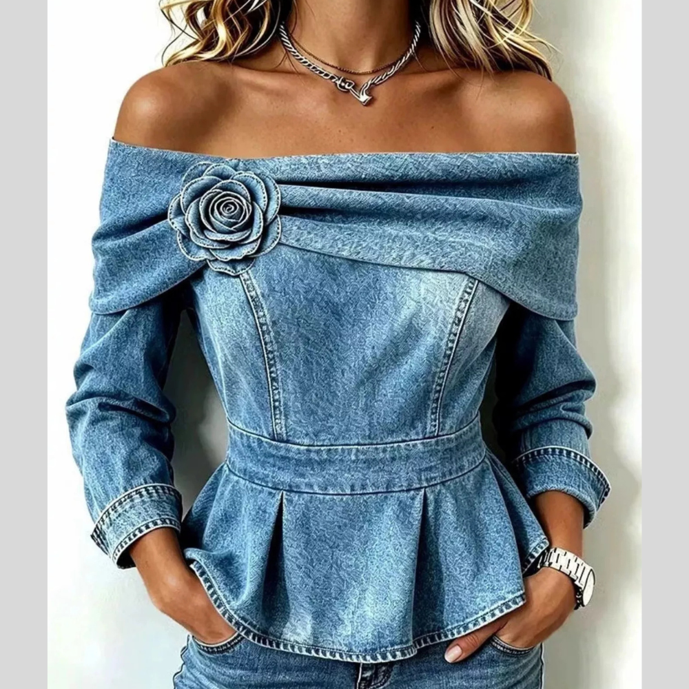 Full Size Off-Shoulder Floral Denim Look Top Plus Size