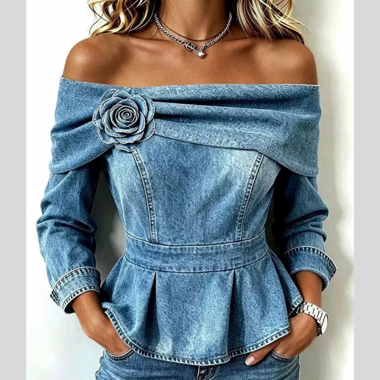 Full Size Off-Shoulder Floral Denim Look Top Plus Size