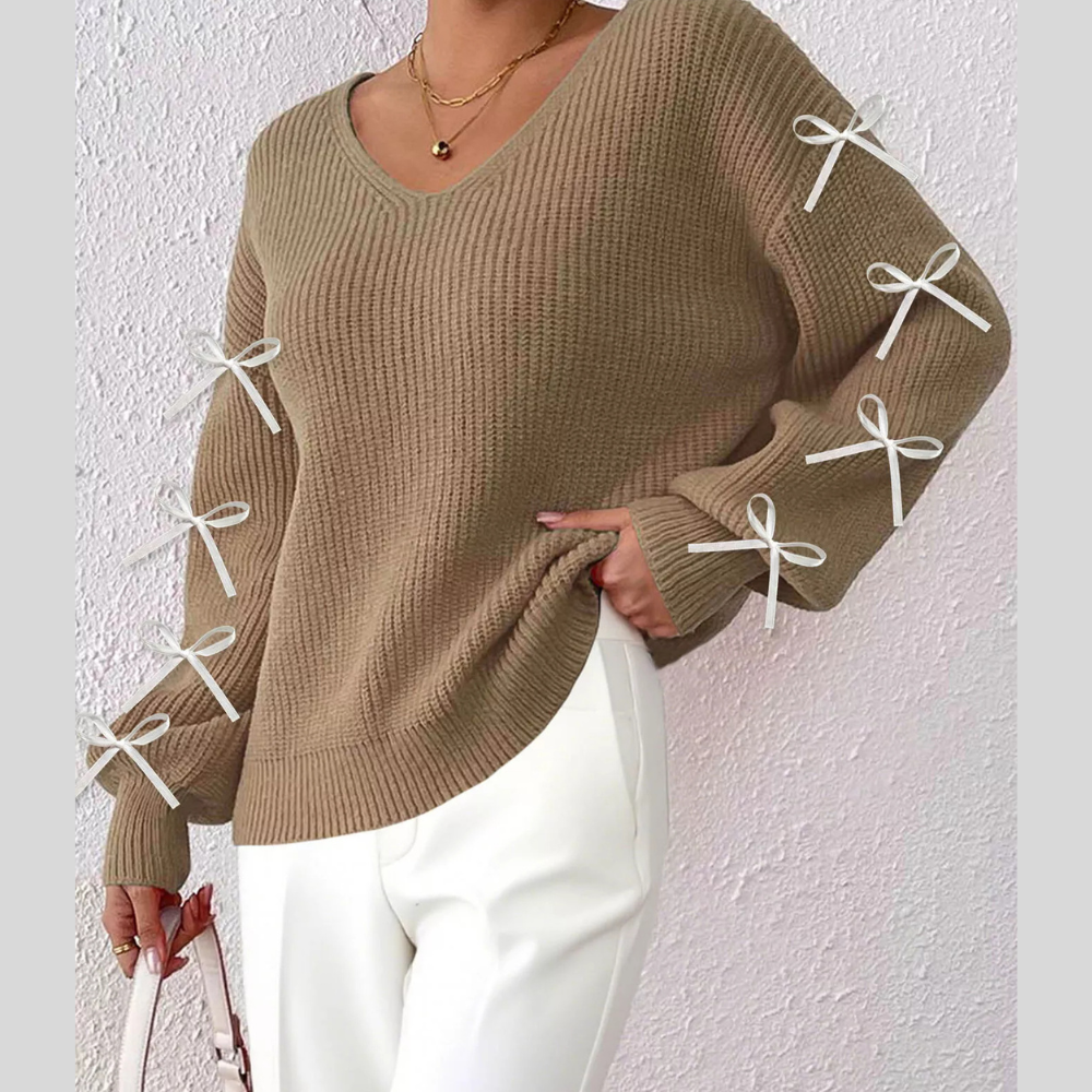 Bow-Tie Sleeve V-Neck Sweater