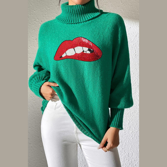 Lip Turtleneck Long Sleeve Sweater