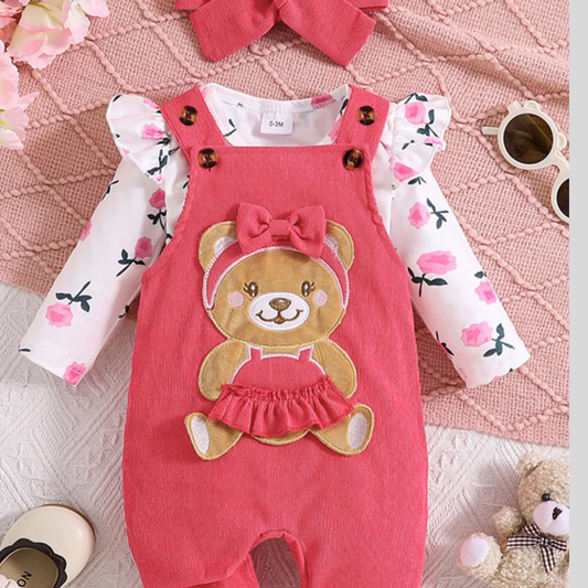 Children's Floral Bodysuit and Bear Overalls Set with Headband