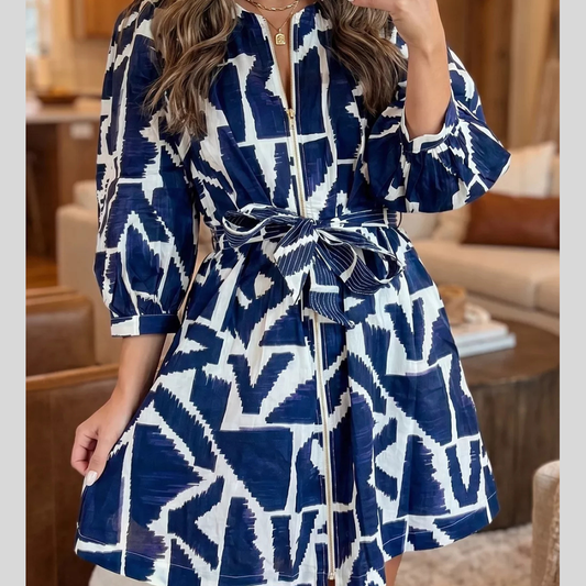 Abstract Geometric Print Zip Front Tie Waist Shift Dress